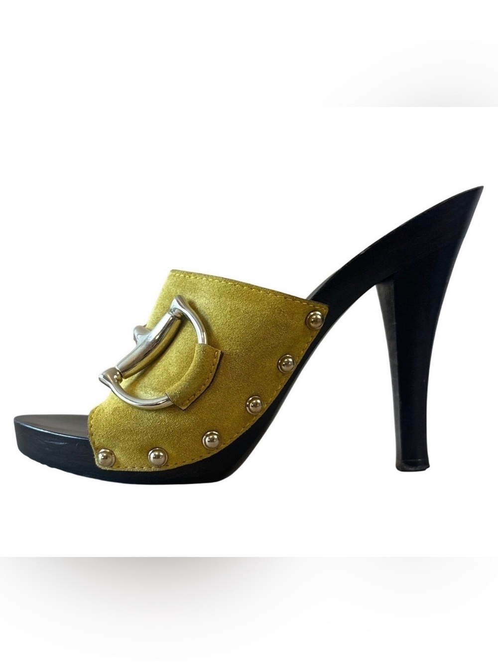 Gucci Tom Ford Horsebit Studded Wood Clog Mule Heels Yellow 7B